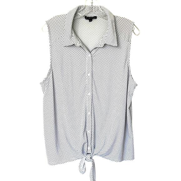Adrianna Papell Wms XL White Black Dot Sleeveless Button Up Tie Front Blouse - Picture 1 of 10